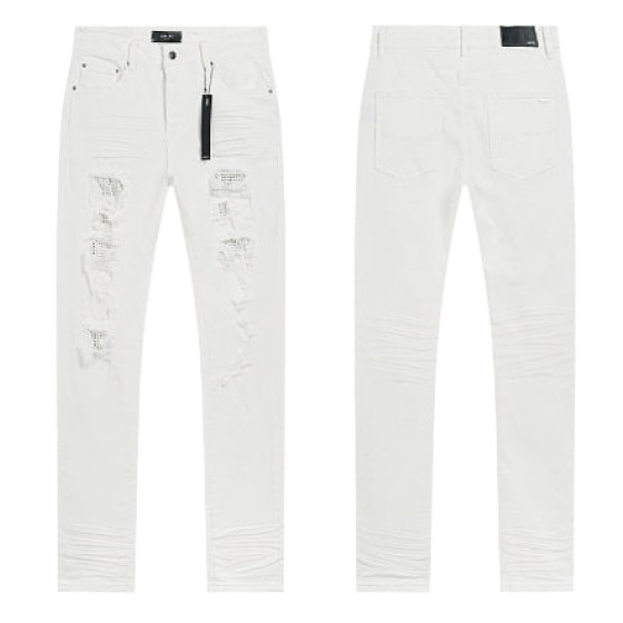 White Denim Jeans with Rhinestone Mesh Lined Distressing
